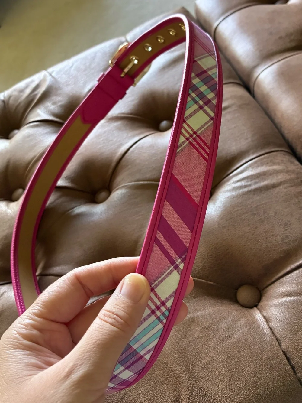 Talbots Pink Leather Tartan Belt Size Medium